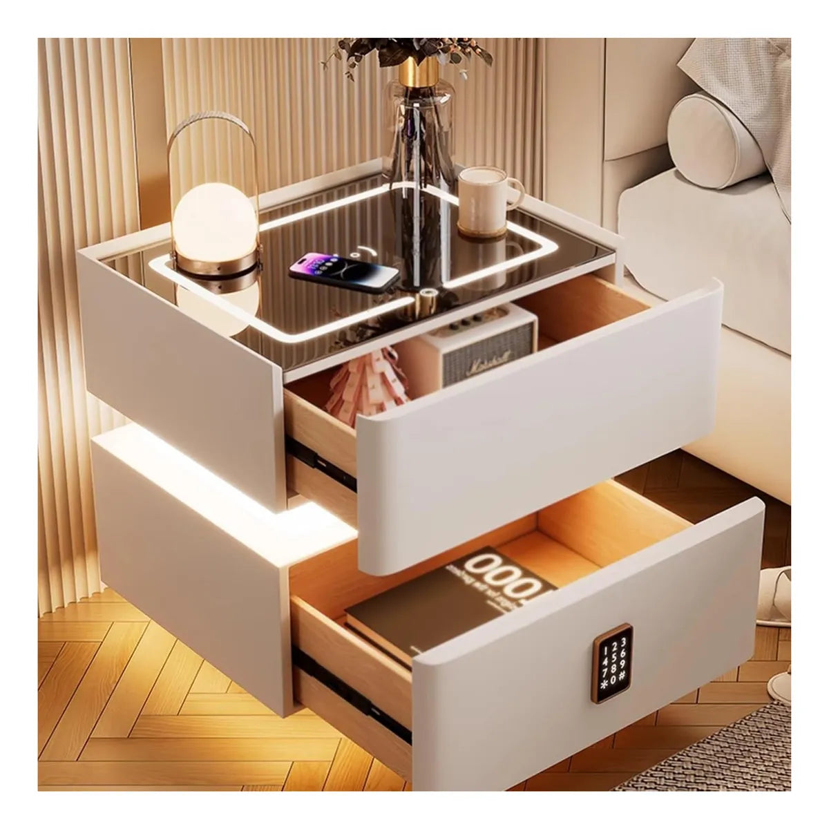 Mesa de Noche Inteligente – Diseño Moderno con Carga Inalámbrica, Parlante y Luces LED y Bloqueo con Pin