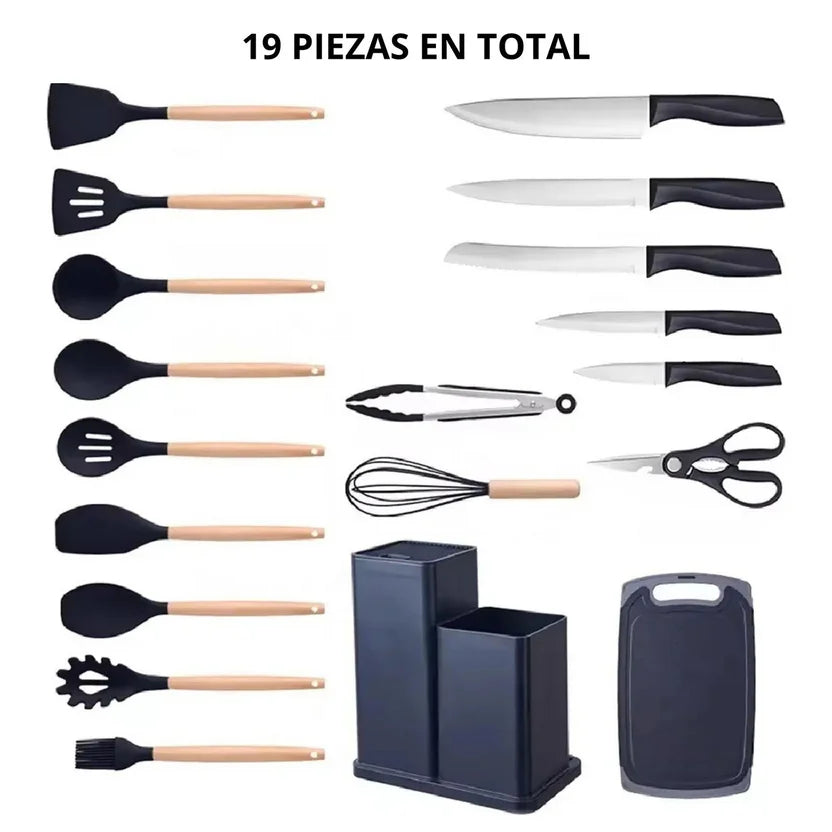 Paquete por 19 piezas de Utensilios de Cocina en Silicona Negro Set X 4 Unidades