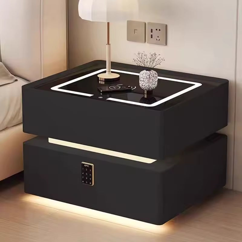 Mesa de Noche Inteligente – Diseño Moderno con Carga Inalámbrica, Parlante y Luces LED y Bloqueo con Pin