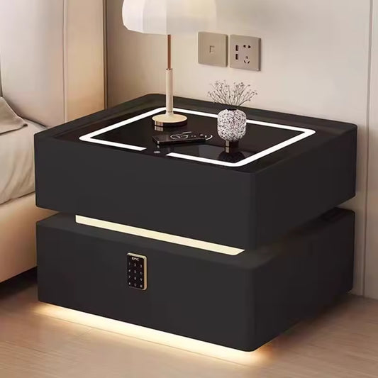 Mesa de Noche Inteligente – Diseño Moderno con Carga Inalámbrica, Parlante y Luces LED y Bloqueo con Pin