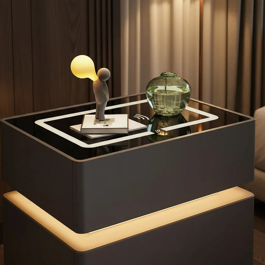 Mesa de Noche Inteligente – Diseño Moderno con Carga Inalámbrica, Parlante y Luces LED y Bloqueo con Pin