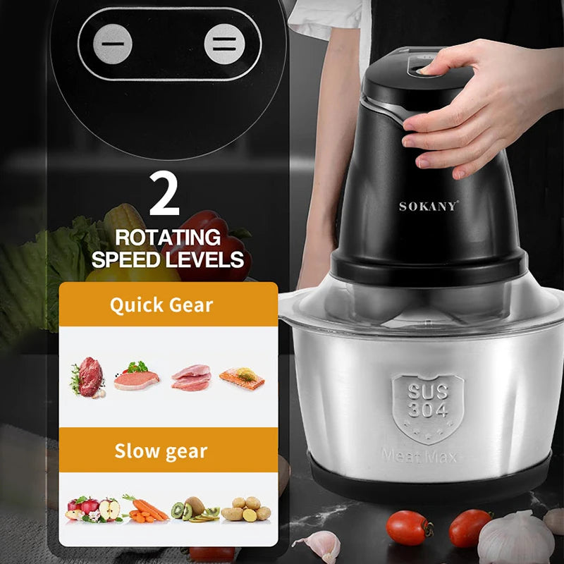 Picadora de carne SOKANY SK-7020 de 400 W y 2 L, 2 velocidades, acero inoxidable